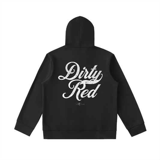 Back view of black hoodie with bold white Milkstore vintage-style script text “Dirty Red” across the back and a subtle RedBlonde signature logo underneath.