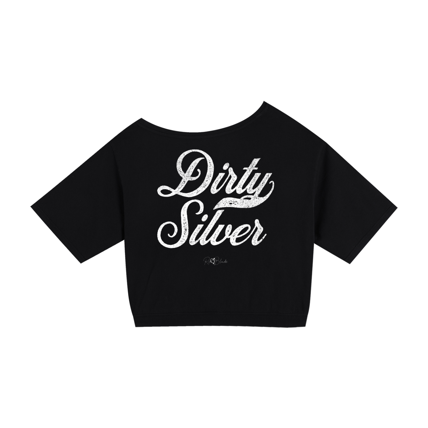 Back view of a black asymmetric off-the-shoulder waist length t-shirt featuring the bold white distressed Milkstore font “Dirty Silver” with the RedBlonde logo printed below. The relaxed, oversized fit and one-shoulder neckline give it a modern, effortless look.