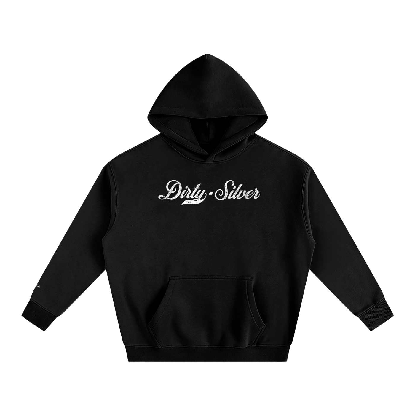 A black pullover hoodie laid flat on a white background. It has a kangaroo front pocket and ribbed cuffs and hem. Across the chest is white Milkstore 01 script text reading “Dirty Silver”