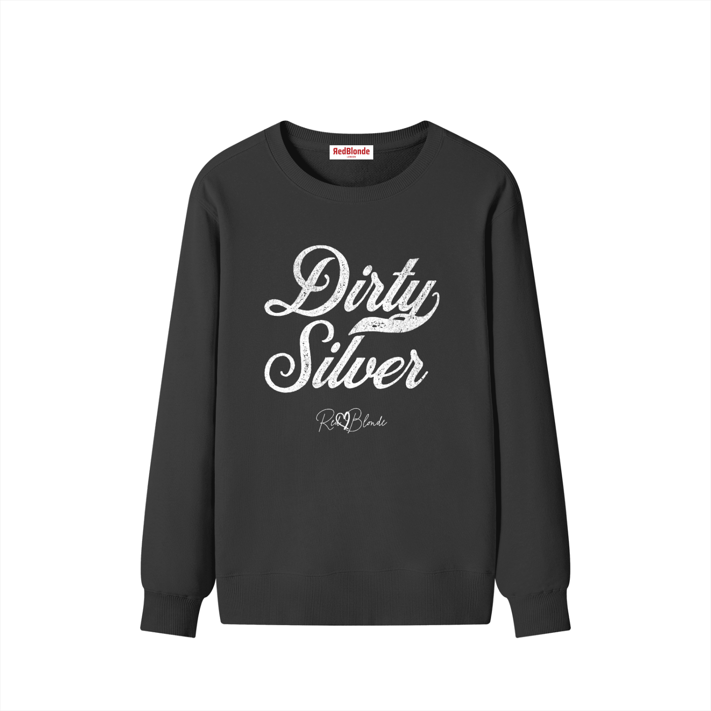 flatlay of red Classic relaxed fit premium unisex sweatshirt with the playful slogan ‘Dirty Silver’ in white milk-store font, signed off RedBlonde. 