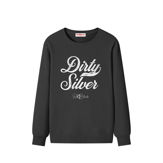flatlay of red Classic relaxed fit premium unisex sweatshirt with the playful slogan ‘Dirty Silver’ in white milk-store font, signed off RedBlonde. 