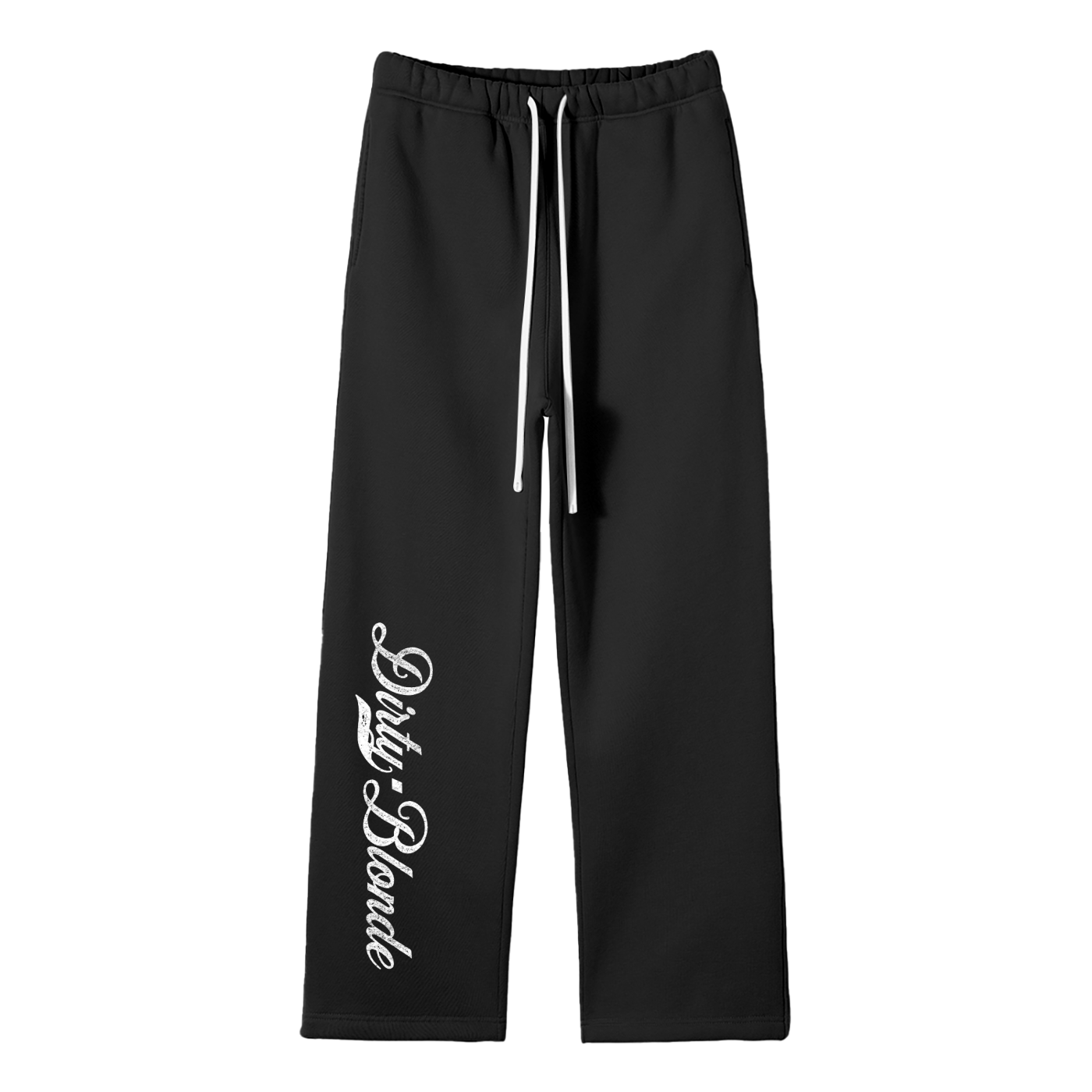 Black relaxed-fit straight joggers with white drawstrings and vintage-style “Dirty Blonde” milkstore script printed vertically down the leg — bold, effortless and unmistakably RedBlonde.