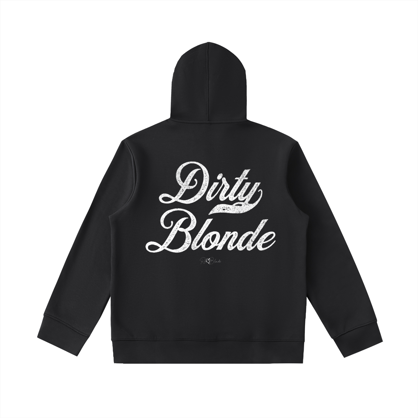 Back view of a black hoodie with bold white Milkstore vintage-style script text “Dirty Blonde” across the back and a subtle RedBlonde signature logo underneath.