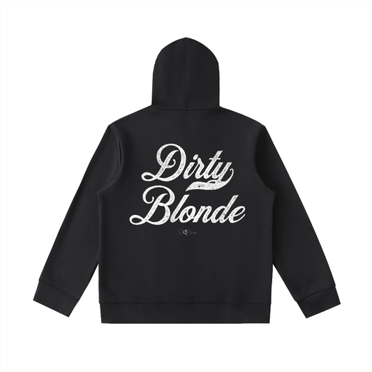 Back view of a black hoodie with bold white Milkstore vintage-style script text “Dirty Blonde” across the back and a subtle RedBlonde signature logo underneath.