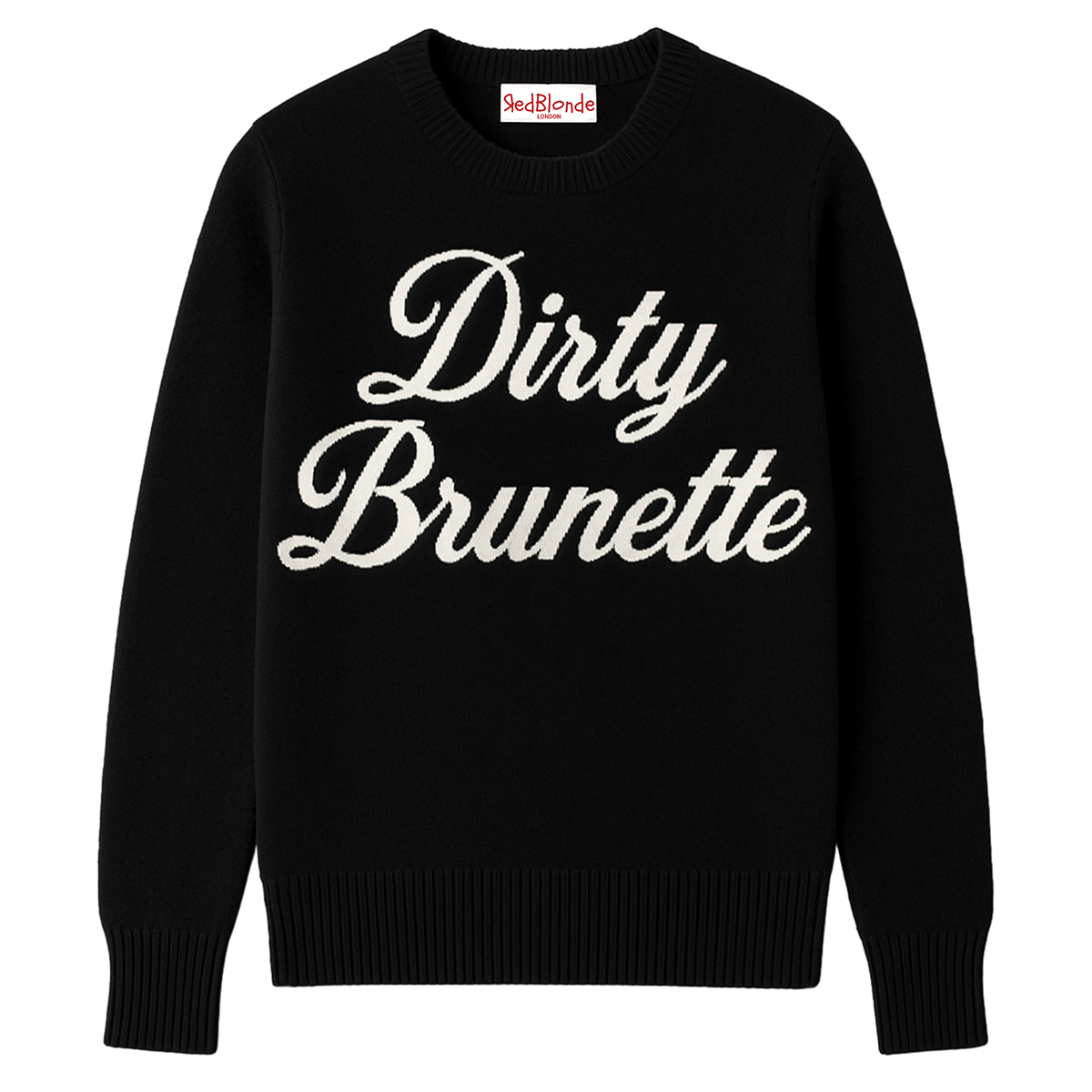 Black cashmere jumper with ‘Dirty Brunette’ knitted across the chest in white milkstore retro font