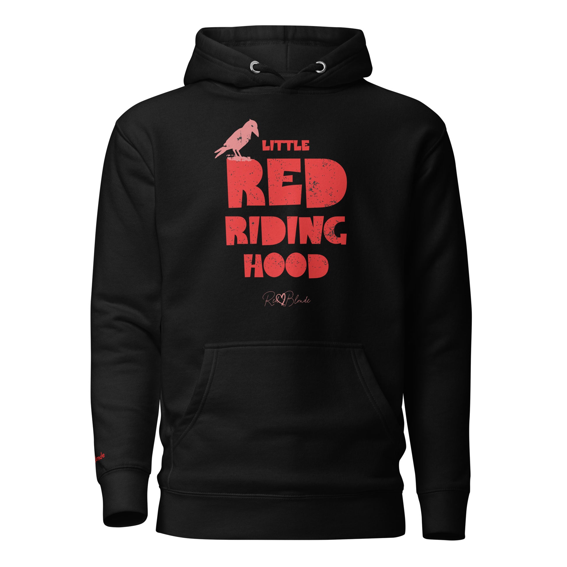 Black unisex hoodie featuring bold red Love Birds text that reads “Little Red Riding Hood” with a perched raven graphic and the RedBlonde logo beneath.