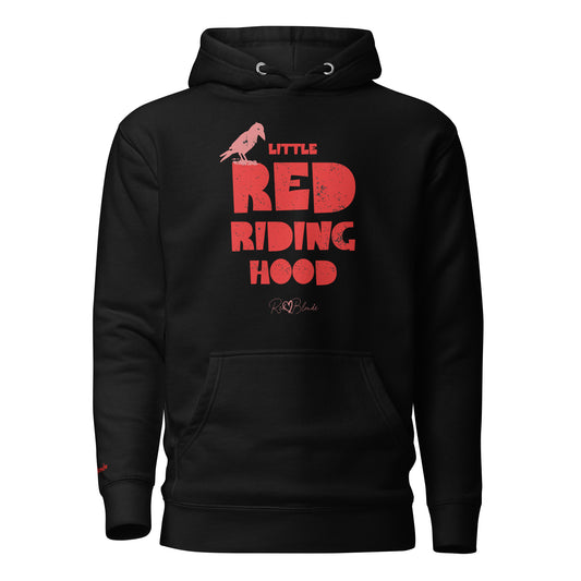 Black unisex hoodie featuring bold red Love Birds text that reads “Little Red Riding Hood” with a perched raven graphic and the RedBlonde logo beneath.
