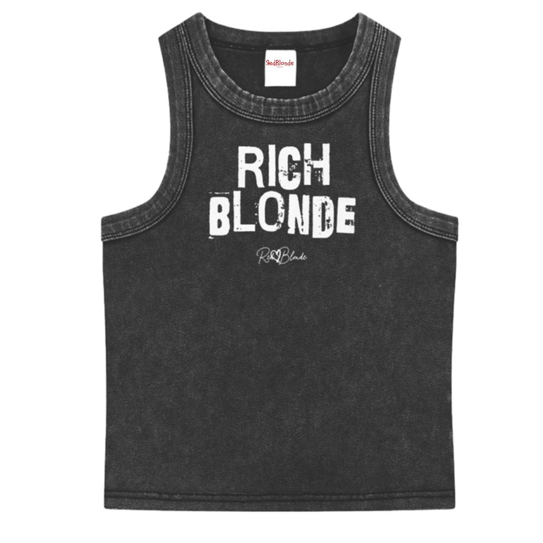Black acid-wash vintage tank top with bold white Ed Gein font “RICH BLONDE” slogan on the front and RedBlonde logo beneath.