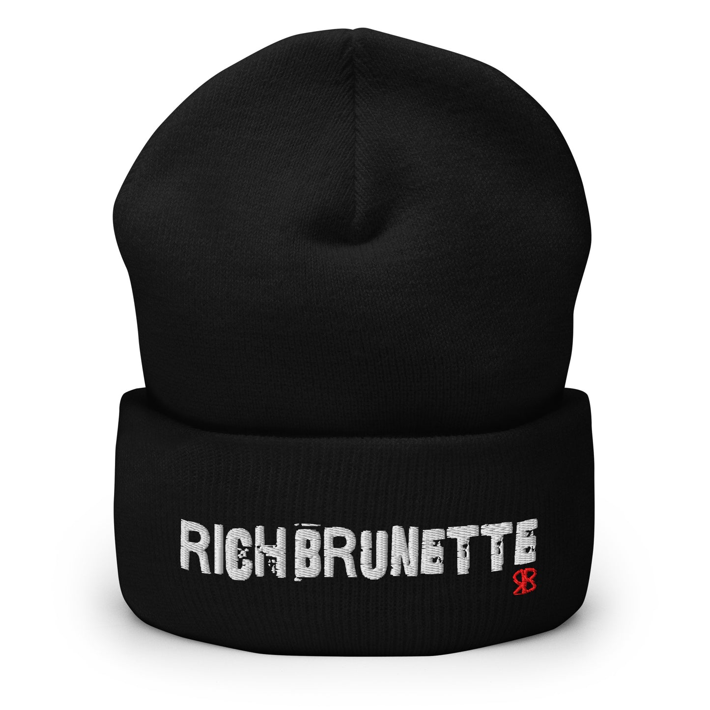 black Rich Brunette knitted beanie with the embroidered phrase “Rich Brunette” in white script and a small red RB logo on the fold-over cuff, displayed against a clean white background.