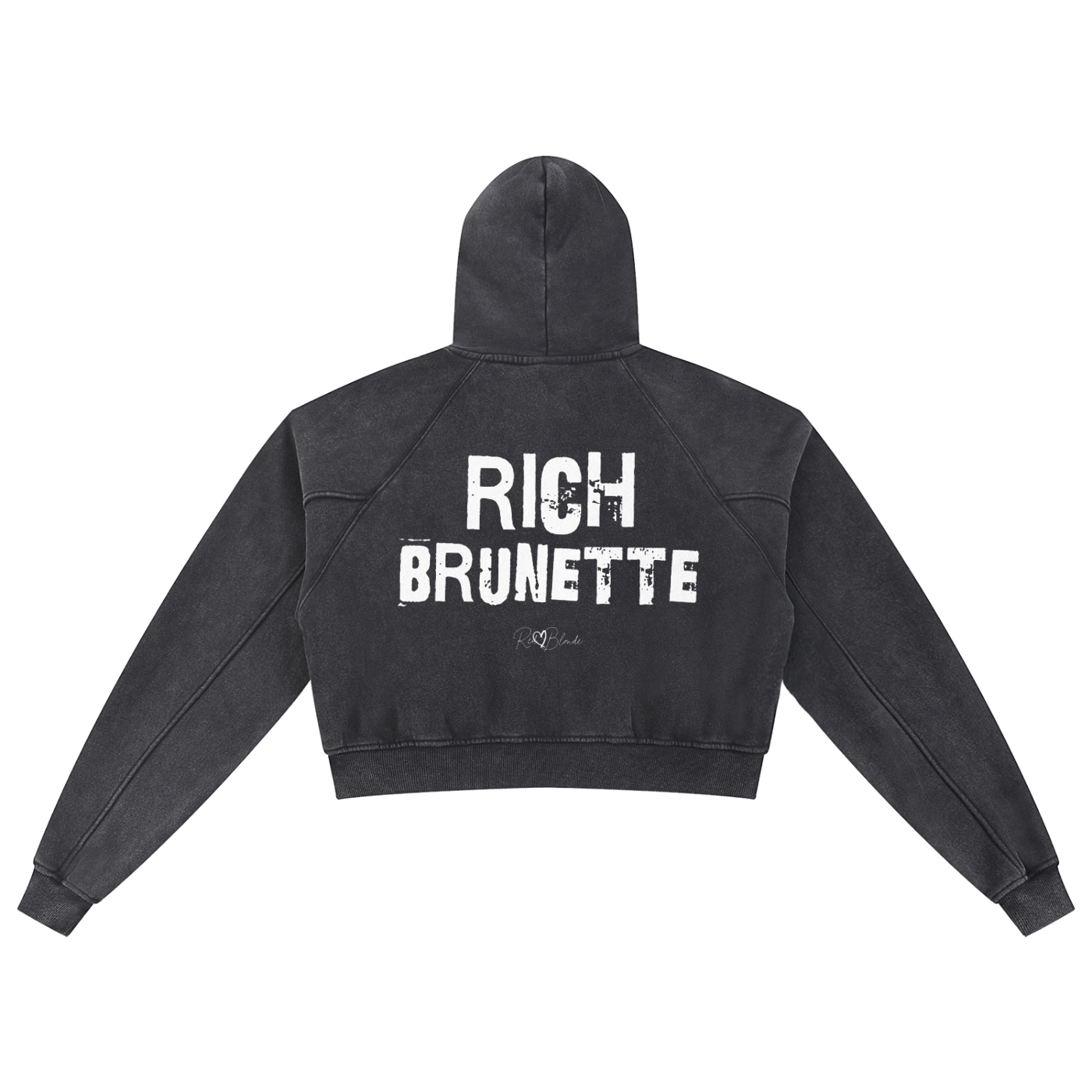 Back view of a cropped snow-wash blakc  hoodie with bold black “RICH BRUNETTE” Ed Gein font and the RedBlonde signature logo printed below.