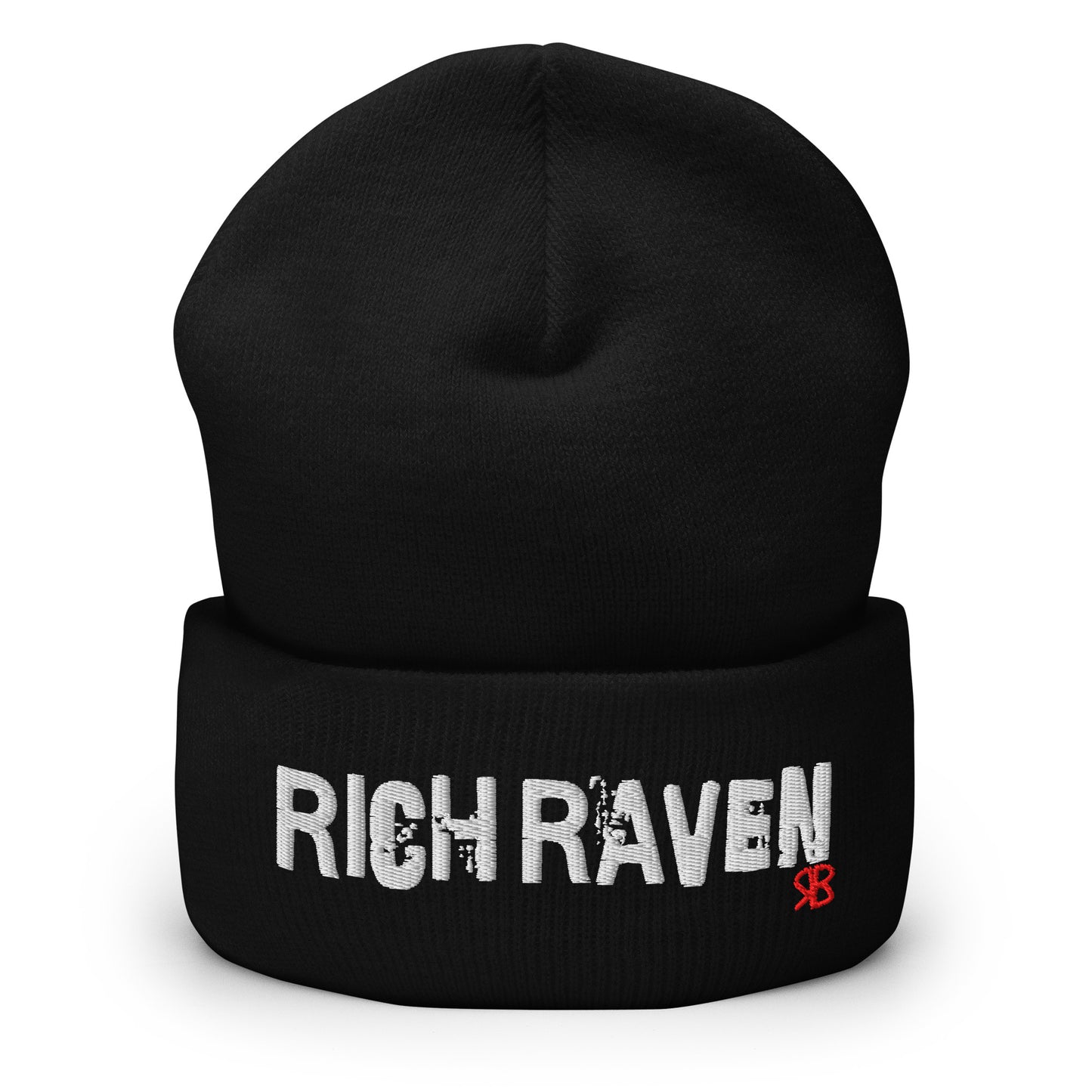 Black knitted beanie with the embroidered phrase “Rich Raven” in white script and a small red RB logo on the fold-over cuff, displayed against a clean white background.