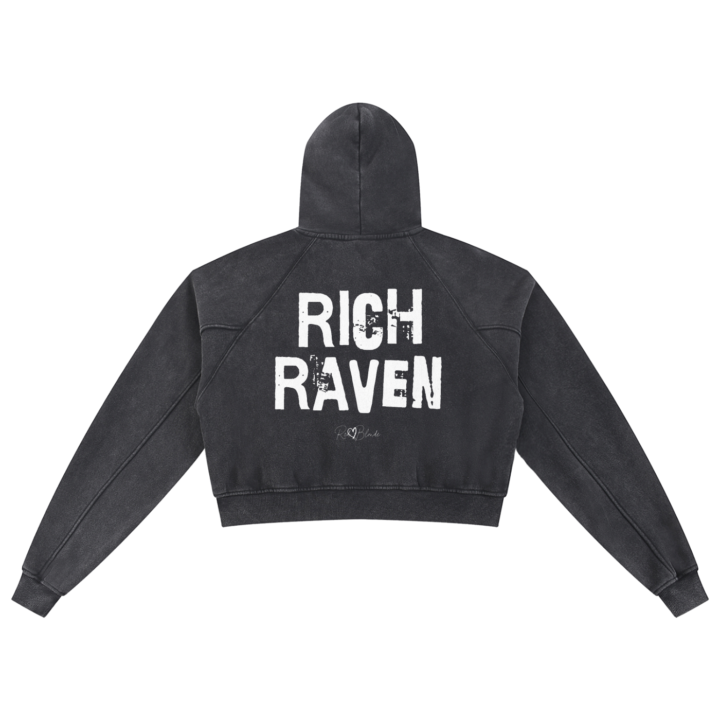 Back view of a cropped snow-wash black  hoodie with bold black “RICH RAVEN” Ed Gein font and the RedBlonde signature logo printed below.