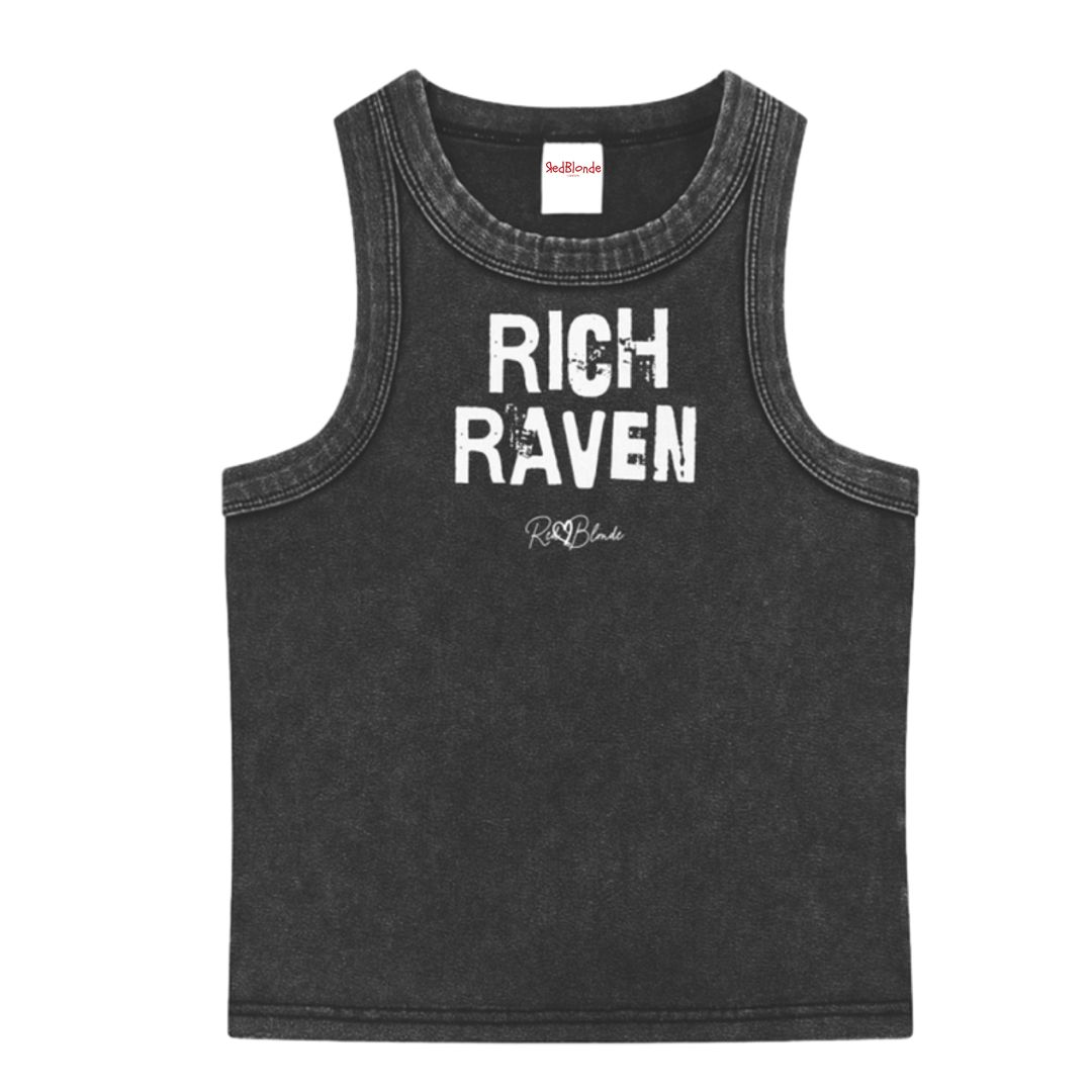 Black acid-wash vintage tank top with bold white Ed Gein font “RICH RAVEN" slogan on the front and RedBlonde logo beneath.