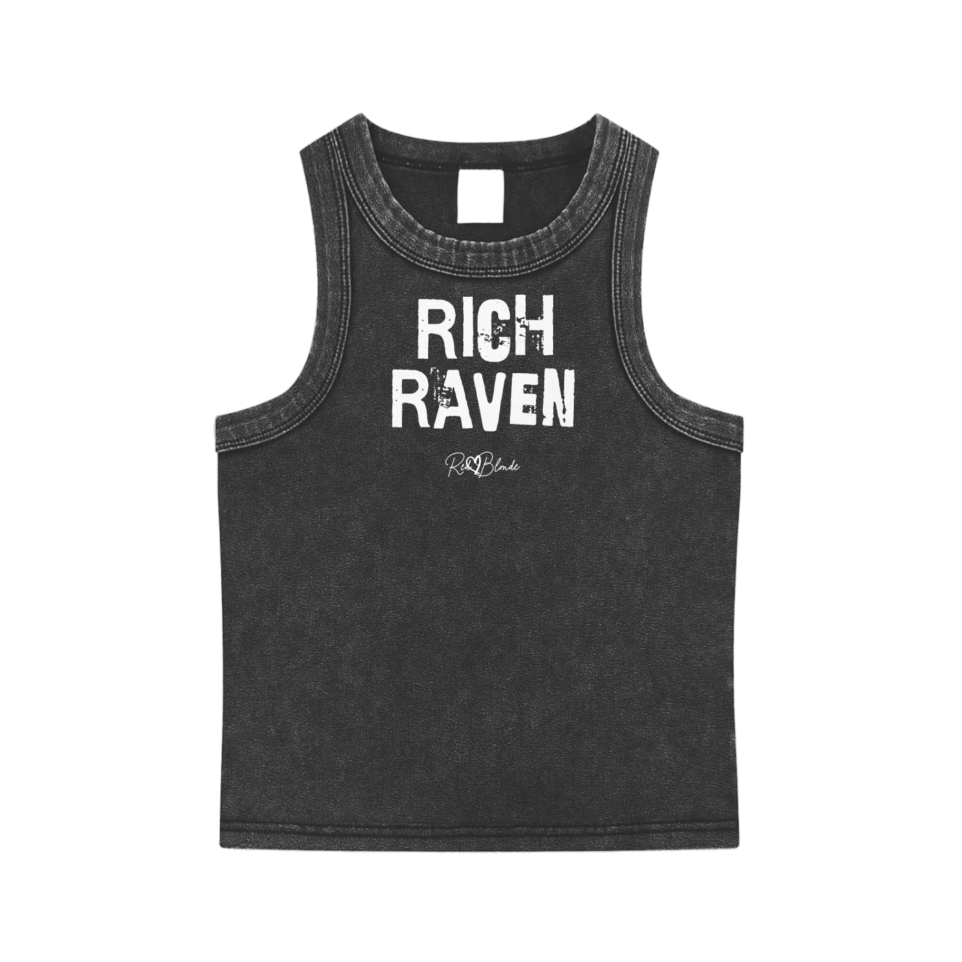 Black acid-wash vintage tank top with bold white Ed Gein font “RICH RAVEN" slogan on the front and RedBlonde logo beneath.