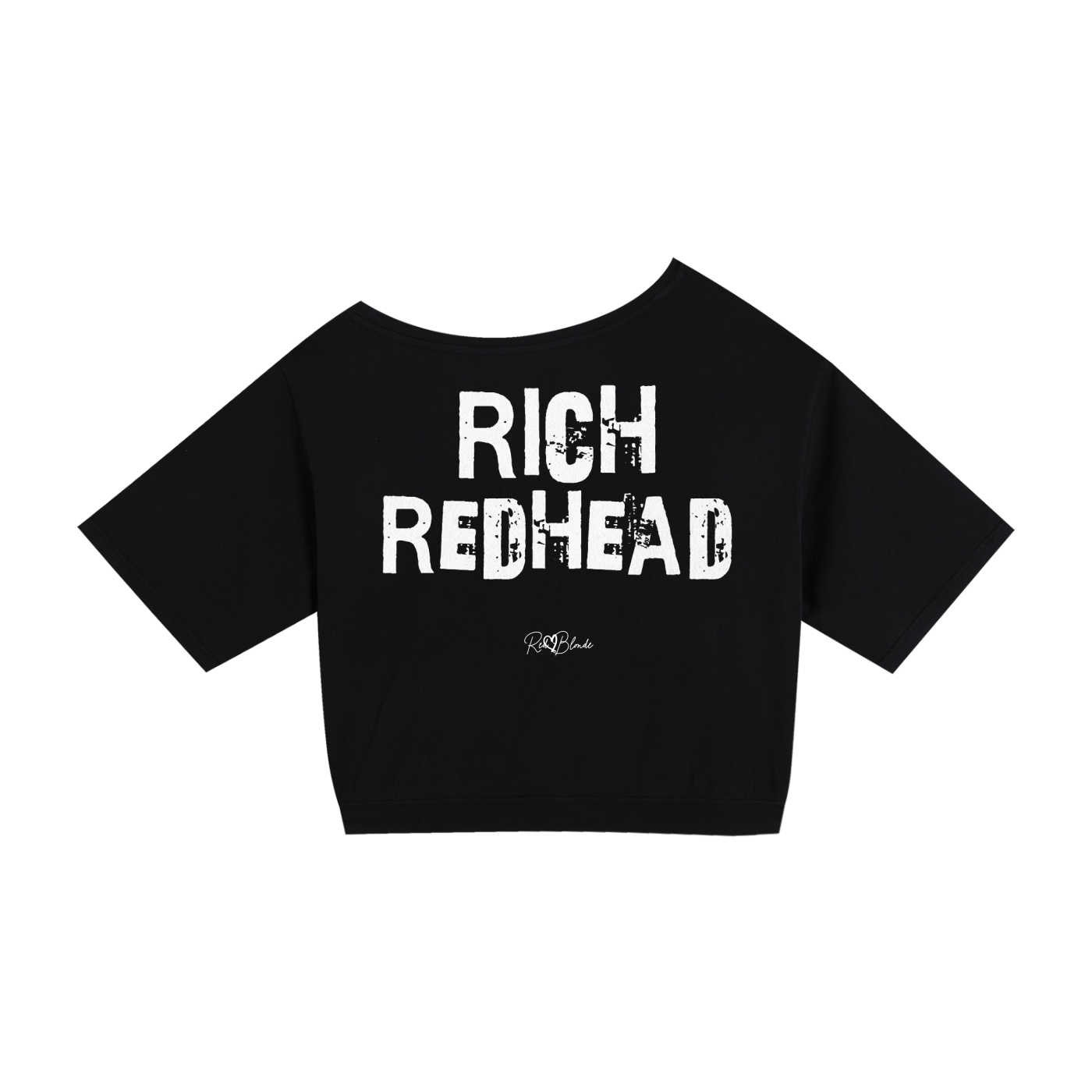 Black asymmetrical shoulder t-shirt with bold white Ed Gein font “RICH REDHEAD" slogan on the front and RedBlonde logo beneath.