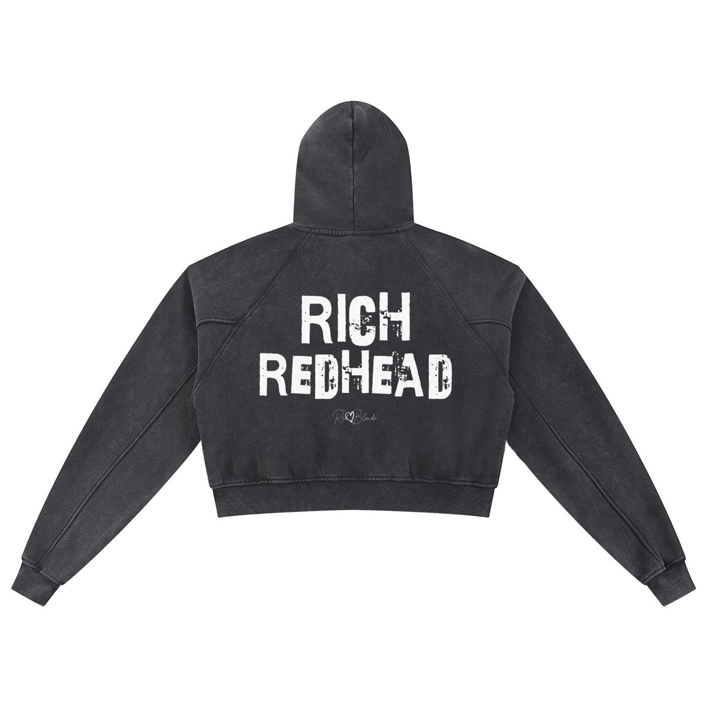 Back view of a cropped snow-wash Black hoodie with bold black “RICH REDHEAD” Ed Gein font and the RedBlonde signature logo printed below.