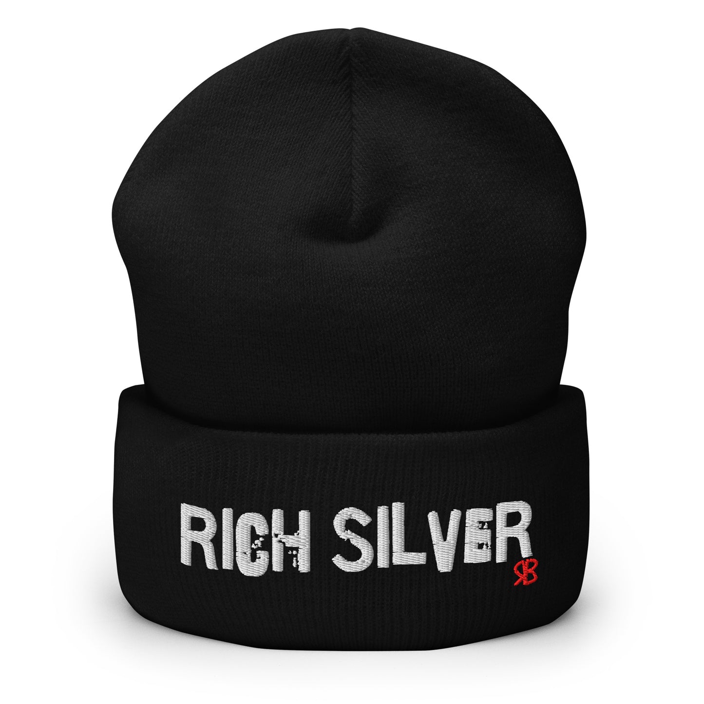 Black knitted beanie with the embroidered phrase “Rich Silver” in white script and a small red RB logo on the fold-over cuff, displayed against a clean white background.