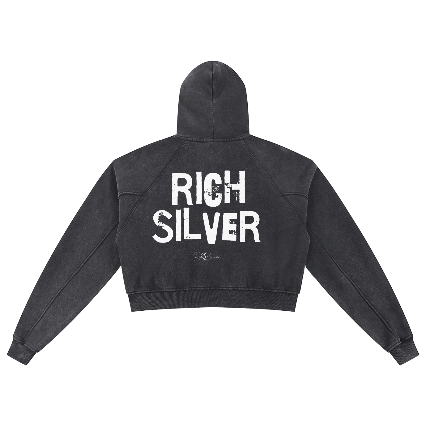Back view of a cropped snow-wash black  hoodie with bold black “RICH SILVER” Ed Gein font and the RedBlonde signature logo printed below.