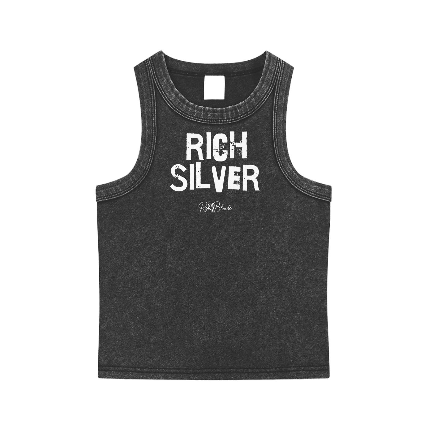 Black acid-wash vintage tank top with bold white Ed Gein font “RICH SILVER" slogan on the front and RedBlonde logo beneath.