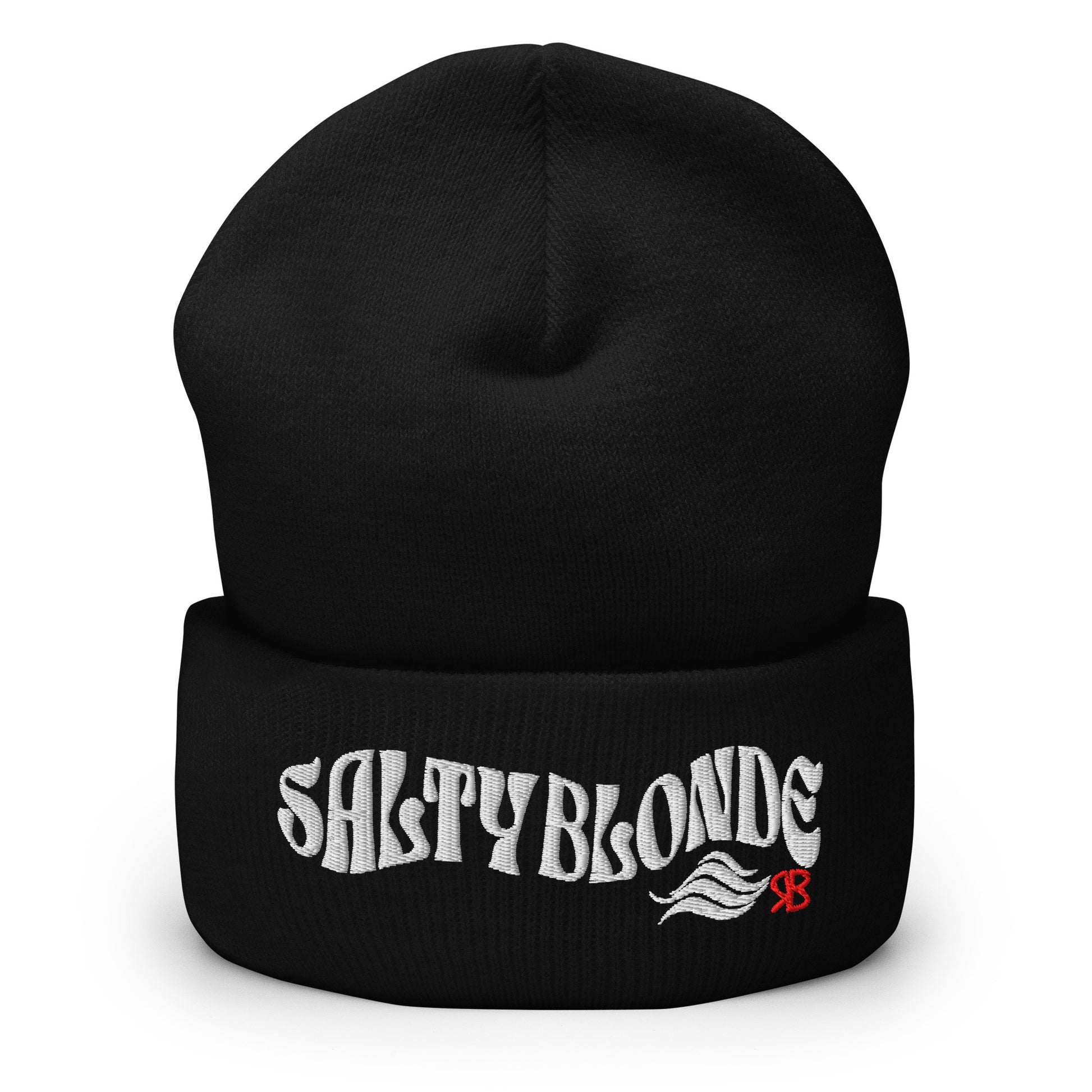 Black cuffed beanie featuring the embroidered phrase “SALTY BLONDE” in textured white lettering with a flowing wave motif and a small red RB logo on the fold.