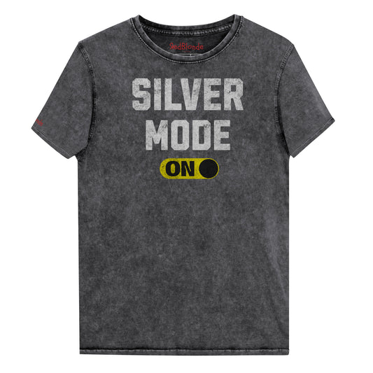 Black denim-style unisex t-shirt with bold distressed white Univercity font reading “Silver Mode” and a yellow on/off switch graphic in the “On” position beneath. The design includes subtle worn texture for a vintage look. Branded RedBlonde London in red on inside neck and right sleeve
