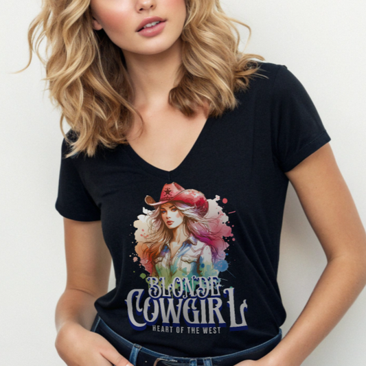 Black V-neck women’s T-shirt with a colorful graphic of a stylish blonde cowgirl wearing a red cowboy hat and denim shirt, paired with the bold text “Blonde Cowgirl” and “Heart of the West” in white western-style font. Branded RedBlonde on inside neck and right sleeve 