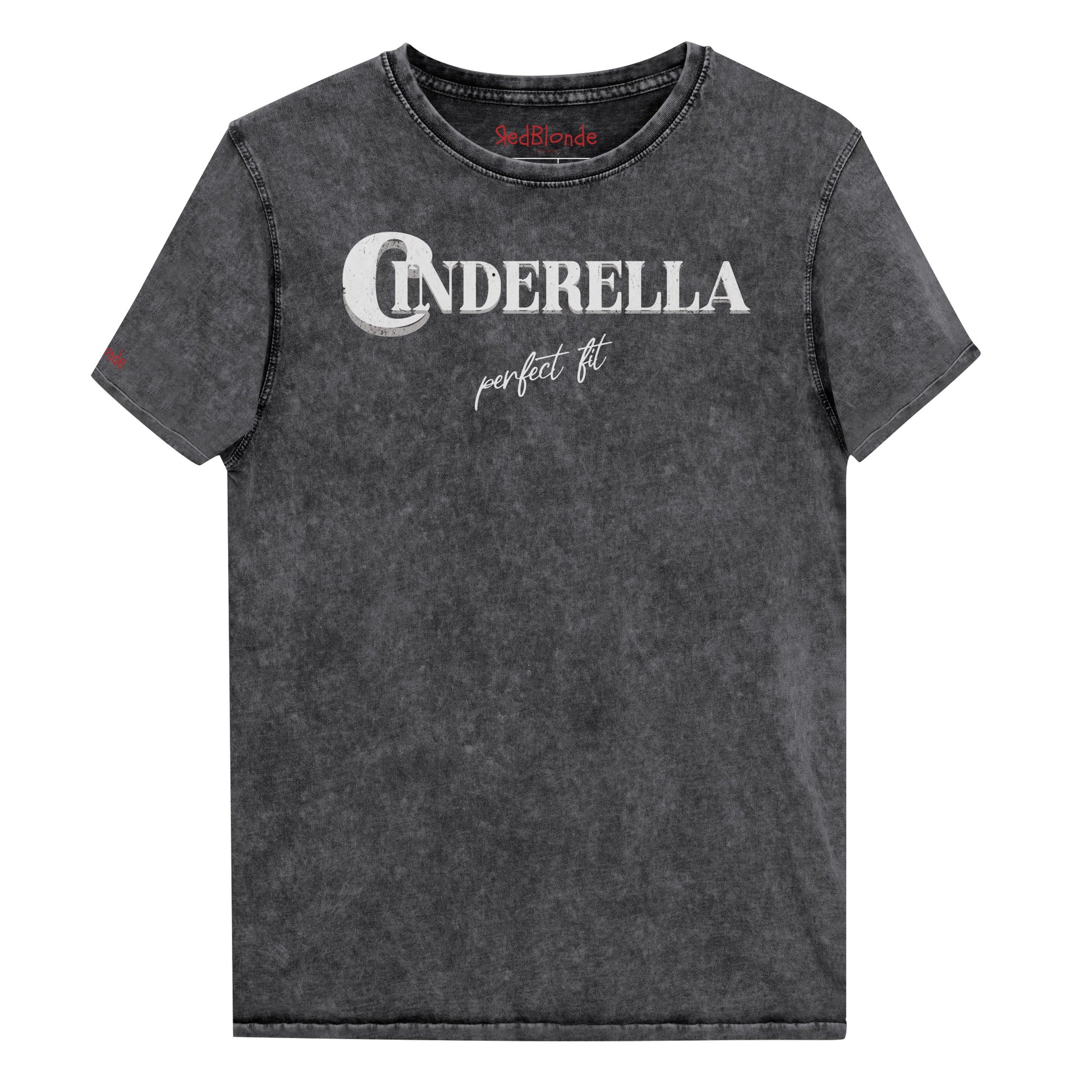 Black acid wash vintage look unisex t-shirt featuring white merger text that reads “Cinderella” with a decorative crescent moon incorporated into the letter C, and the phrase “perfect fit” written underneath in an elegant cursive script.