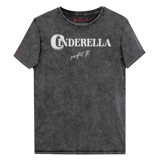 Black acid wash vintage look unisex t-shirt featuring white merger text that reads “Cinderella” with a decorative crescent moon incorporated into the letter C, and the phrase “perfect fit” written underneath in an elegant cursive script.