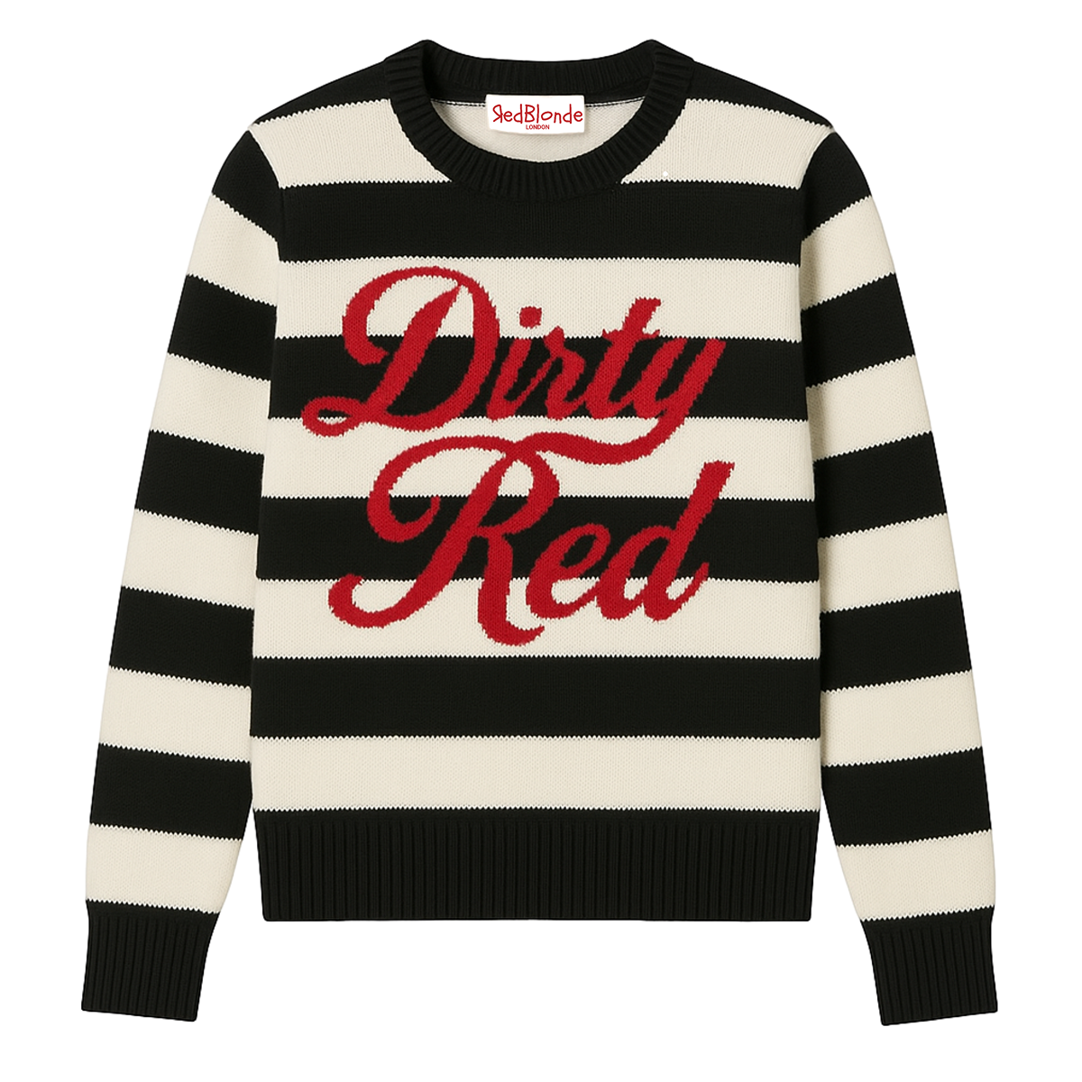 Black and cream cashmere jumper with ‘Dirty Red’ knitted across the chest in red milkstore retro font
