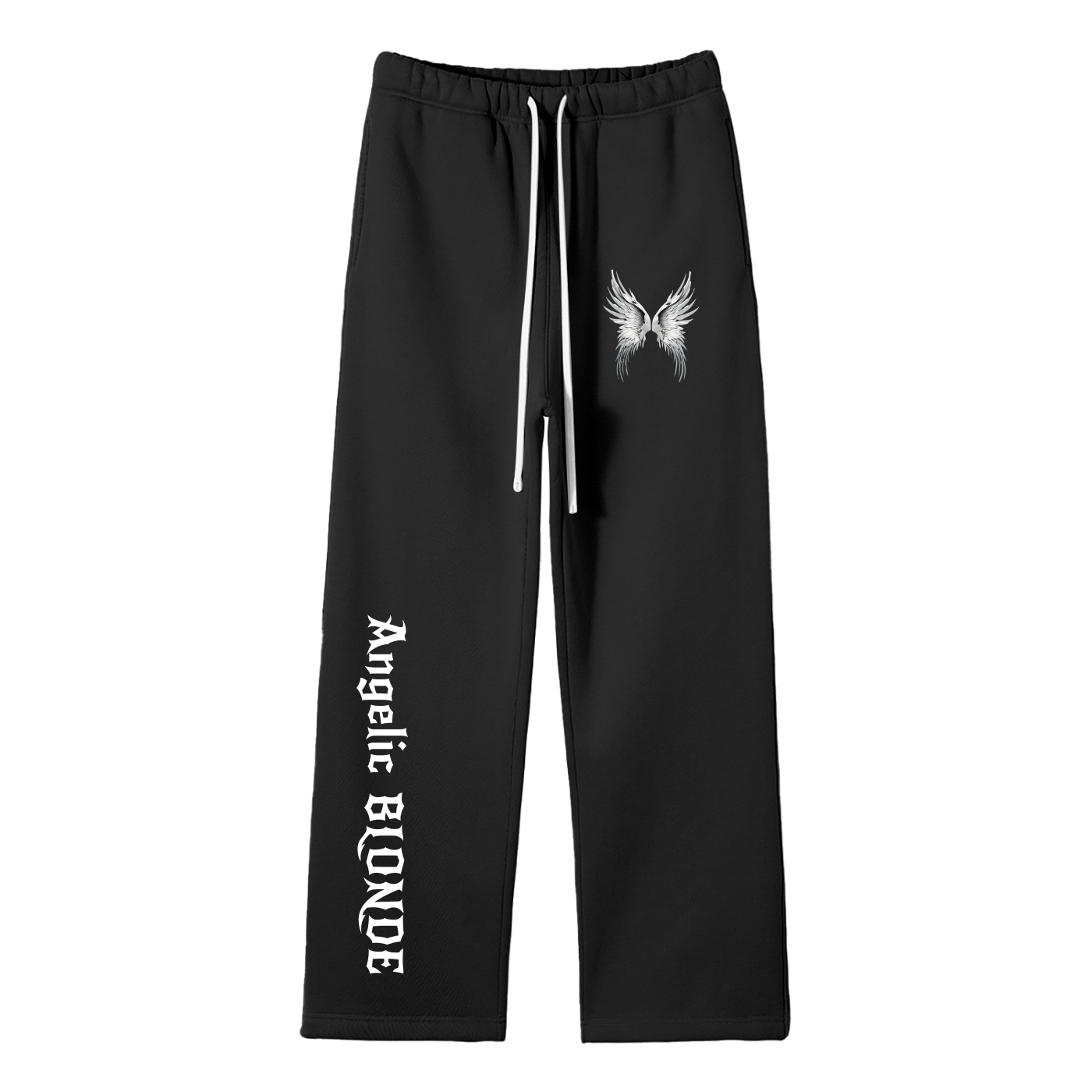 Black wide-leg joggers with white drawstrings, featuring a small white angel-wing graphic on the upper left thigh and ‘Angelic Blonde’ printed vertically down the right leg in New Rocker gothic style lettering, shown flat against a white background.