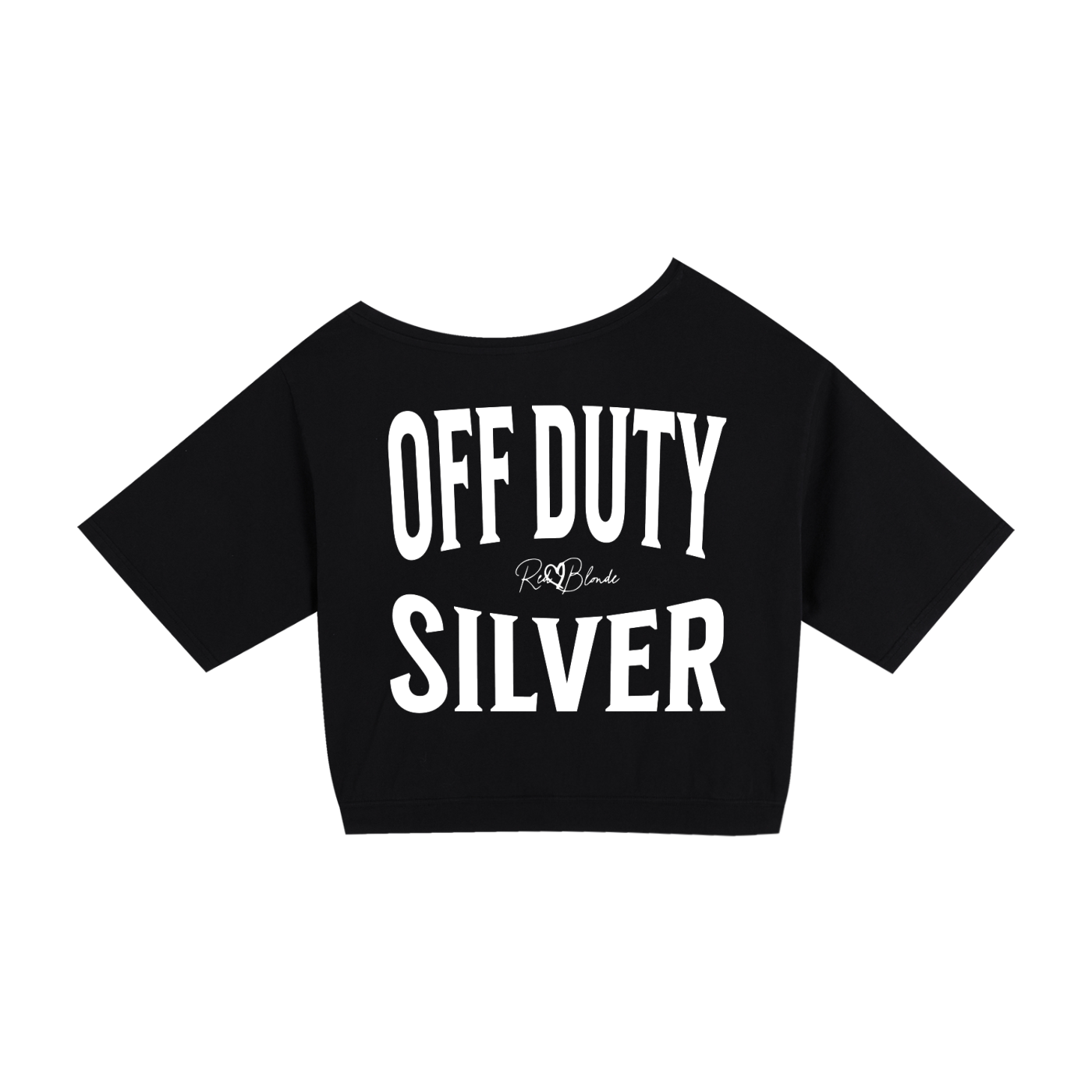 black asymmetrical boxy T-shirt with white ‘OFF DUTY SILVER’  brookfield text back print and RedBlonde signature logo.”