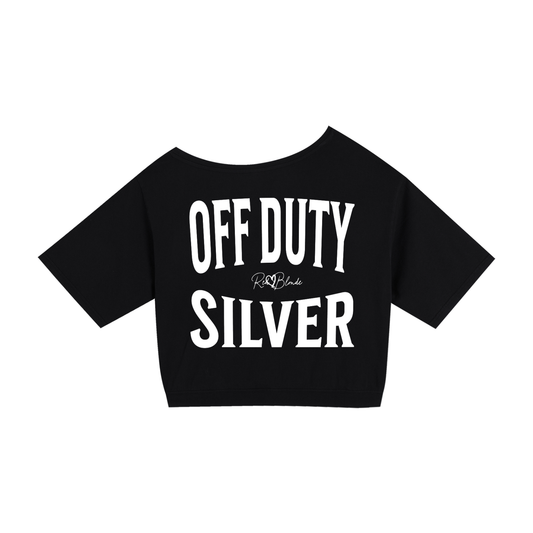 black asymmetrical boxy T-shirt with white ‘OFF DUTY SILVER’  brookfield text back print and RedBlonde signature logo.”
