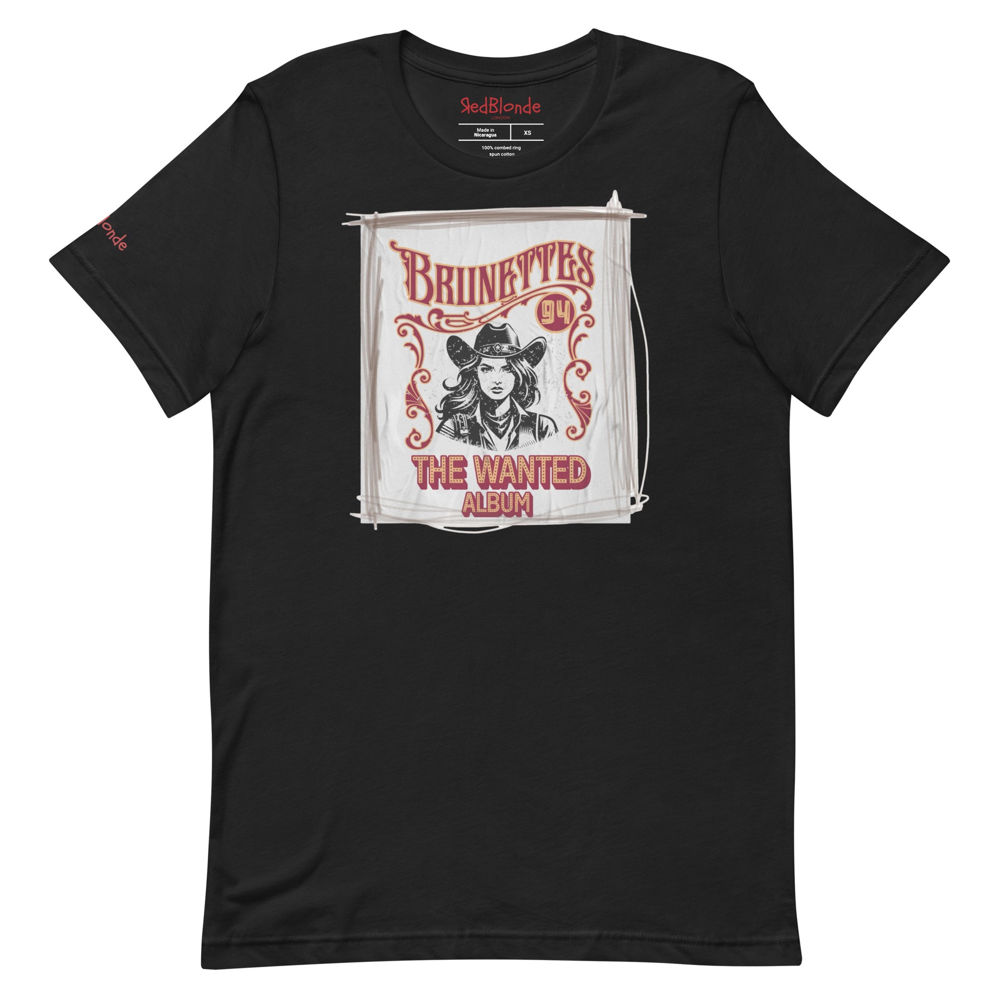 Black classic unisex relaxed fit t-shirt with graphic of an album cover featuring a girl in a cowboy hat with the words ' Brunettes'94 - The Wanted Album'. Branded RedBlonde in red on inside neck and right sleeve.