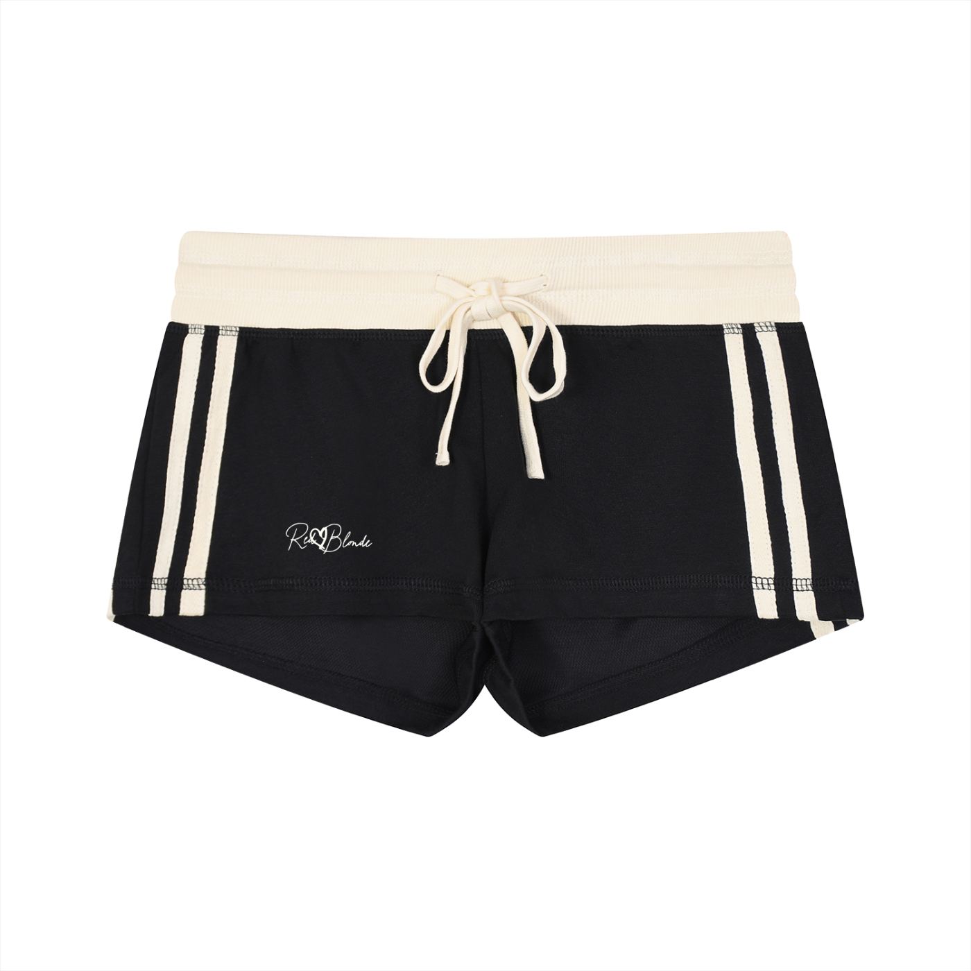 Black retro track shorts with a cream ribbed waistband, cream drawstring, double cream side stripes, and a small RedBlonde logo on the front.