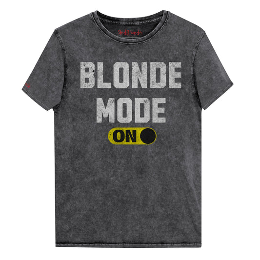 Black denim-style unisex t-shirt with bold distressed white Univercity font reading “Blonde Mode” and a yellow on/off switch graphic in the “On” position beneath. The design includes subtle worn texture for a vintage look. Branded RedBlonde London in red on inside neck and right sleeve