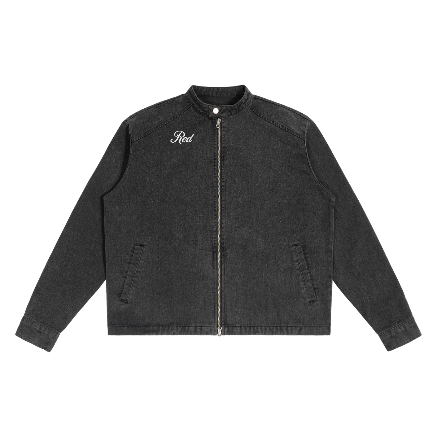 A washed-black denim jacket with a straight, boxy cut and a stand collar. The front features a full silver zip, two slanted pockets, and white embroidered text on the left chest that reads "Red" in Milkstore script 