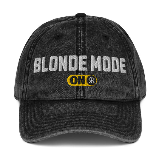 Black denim cap with 'Blonde Mode ON' embroidered in white Univercity font with RB logo