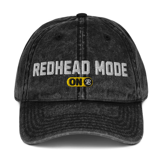 Black denim cap with 'Redhead Mode ON' embroidered in white Univercity font with RB logo
