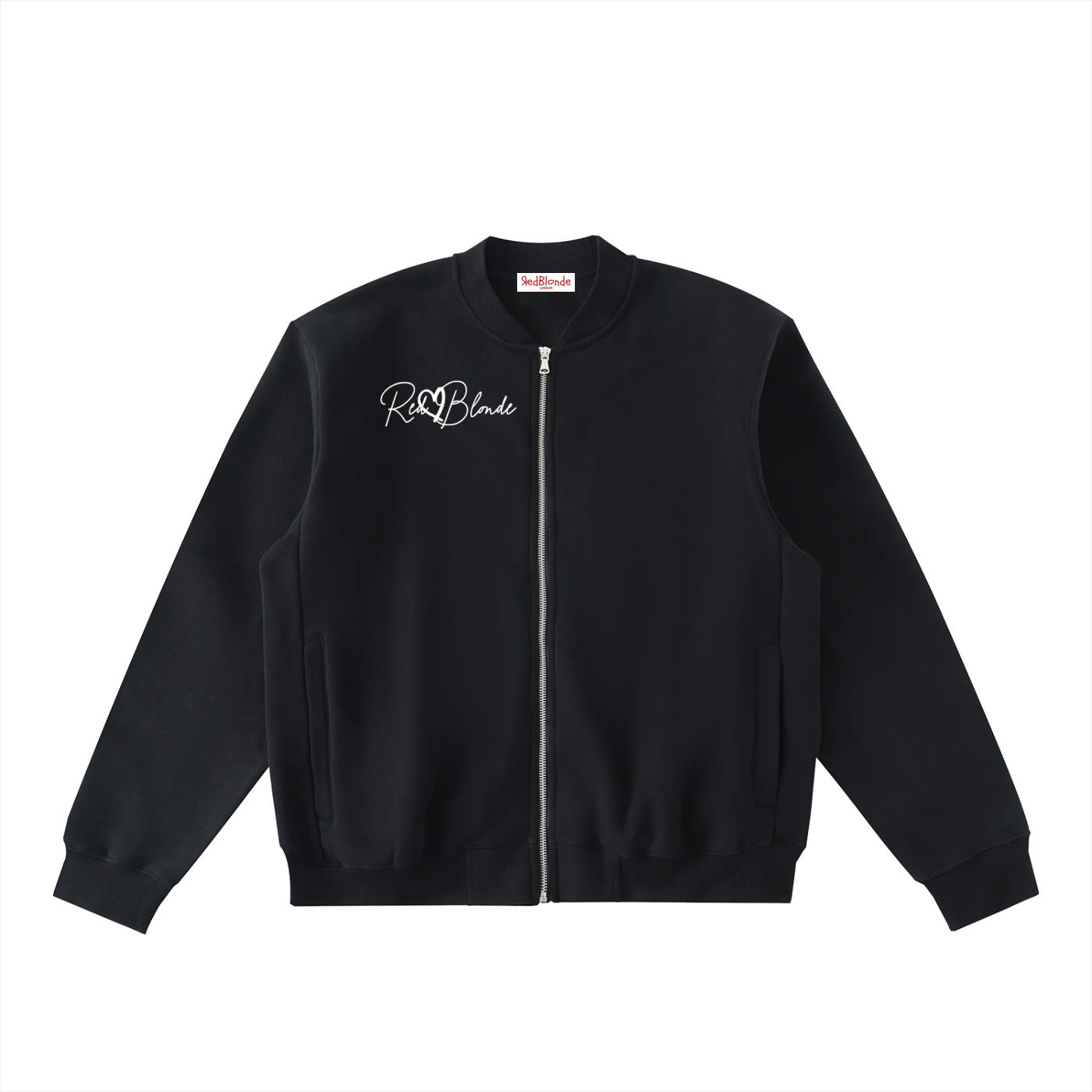 Front view of a Black unisex zip up fleece bomber jacket featuring the  RedBlonde logo 