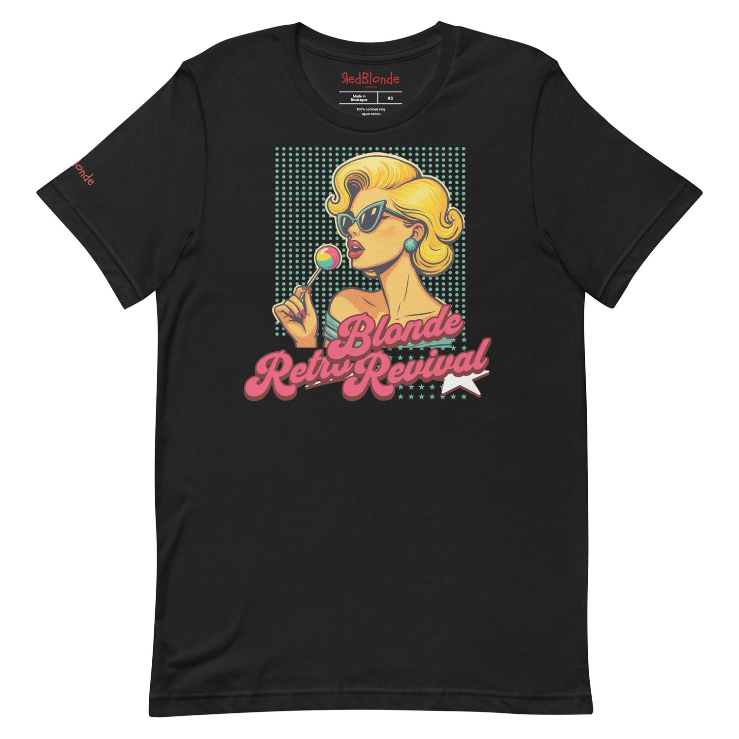 Black unisex t-shirt featuring a vibrant retro pop art illustration of a glamorous blonde woman in sunglasses holding a lollipop, with bold red script text that reads "Blonde Retro Revival." Branded RedBlonde on inside neck and right sleeve 