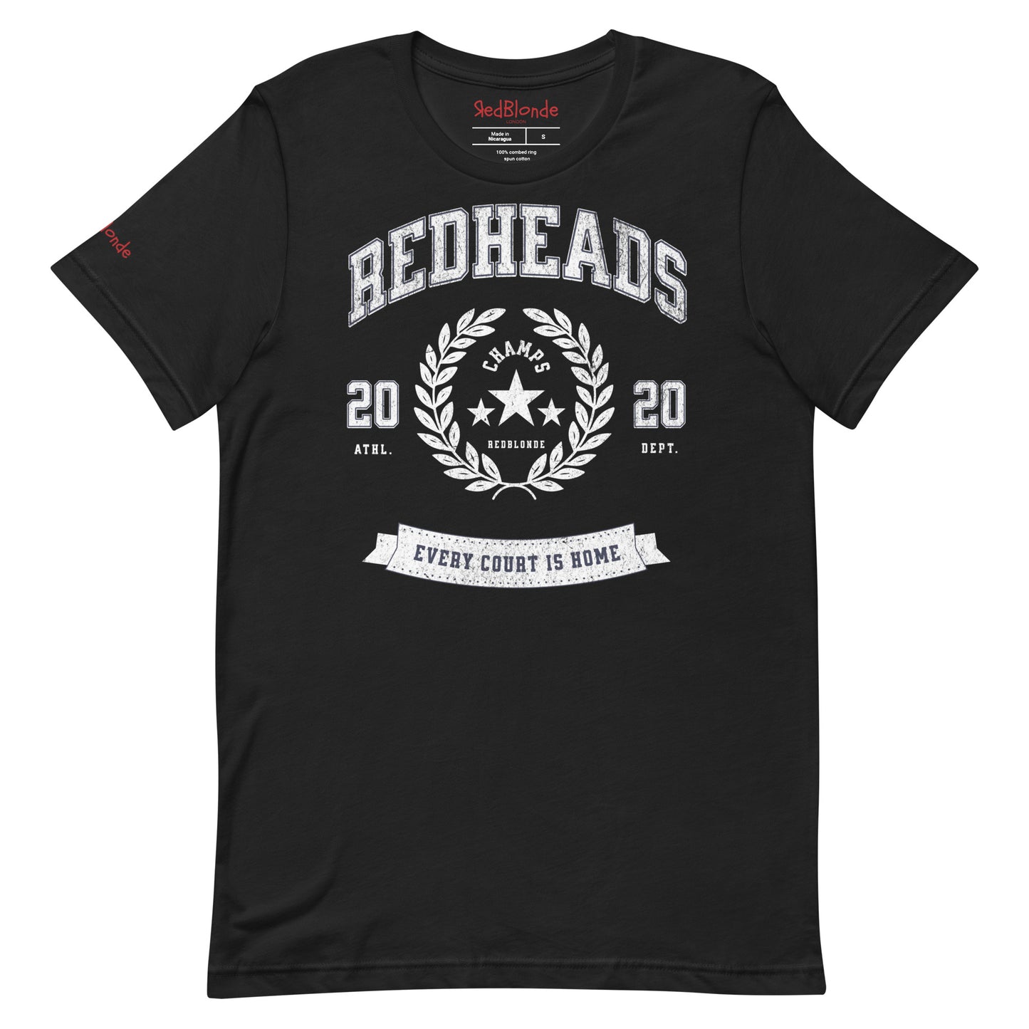 Black unisex t-shirt with american college themed graphic featuring 'REDHEADS' in Tricot font with a laurel wreath and the words ' Champs RedBlonde' 2020 and 'every court is home' underneath. Branded RedBlonde in red on inside neck and right sleeve 