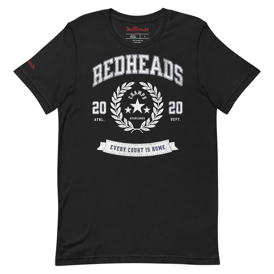 Black unisex t-shirt with american college themed graphic featuring 'REDHEADS' in Tricot font with a laurel wreath and the words ' Champs RedBlonde' 2020 and 'every court is home' underneath. Branded RedBlonde in red on inside neck and right sleeve 