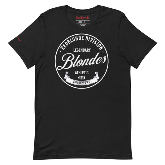 Black unisex t-shirt with an american college inspired red circle graphic in white with the words 'REDBLONDE DIVISION, LEGENDARY Blondes. Athletic Champions 1988'. Branded RedBlonde in red on inside neck and right sleeve