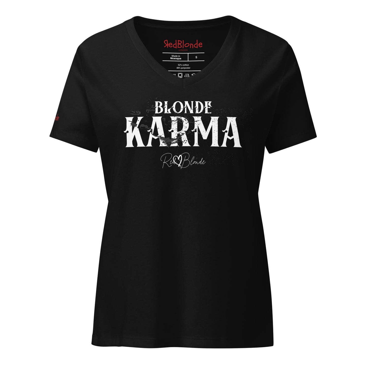 Black v-neck women's relaxed fit t-shirt with 'BLONDE KARMA' in Aquero white font, signed RedBlonde. Branded RedBlonde in red on inside neck and right sleeve 