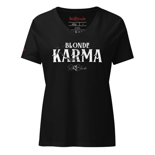 Black v-neck women's relaxed fit t-shirt with 'BLONDE KARMA' in Aquero white font, signed RedBlonde. Branded RedBlonde in red on inside neck and right sleeve 