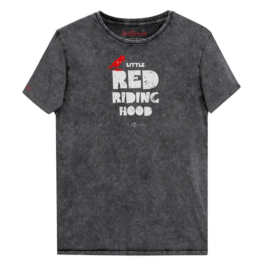 Black vintage acid wash denim look unisex t-shirt featuring bold distressed Love Birds font in white reading “Little Red Riding Hood” with a small red lack crow perched on the word “Little,” and the RedBlonde signature logo below. Branded RedBlonde London on inside neck and right sleeve