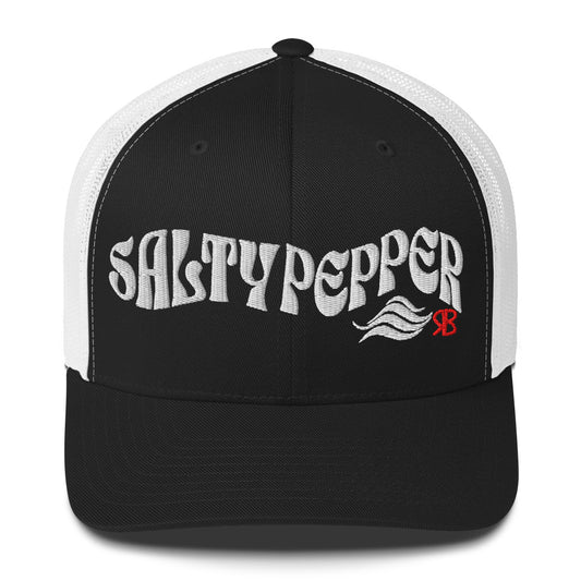 Black/white trucker cap with 'Salty Pepper in white Solino display font. Branded RB in red