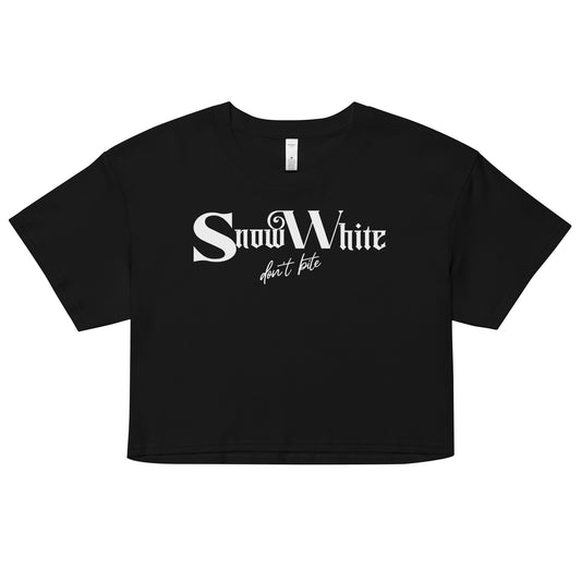 Black women’s crop top featuring white Angel Rhapsody gothic-inspired font that reads “Snow White” and the phrase “don’t bite” written underneath in a cursive script.