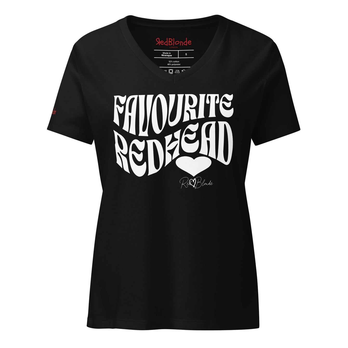 Black women's loose fit v-neck graphic t-shirt with the slogan 'Favourite Redhead' in Solino Display white retro 70s wavy font. Signed with a heart and RedBlonde. Branded RedBlonde in red on inside neck and right sleeve