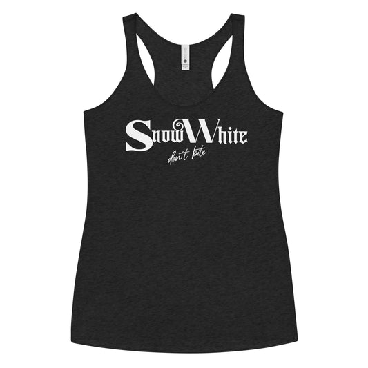 Black women’s racerback tank top featuring white Angel Rhapsody gothic-inspired font that reads “Snow White” and the phrase “don’t bite” written underneath in a cursive script.